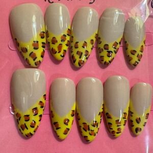 Press On Nails Almond Tan Yellow Cheetah Leopard Print Manicure False Nails